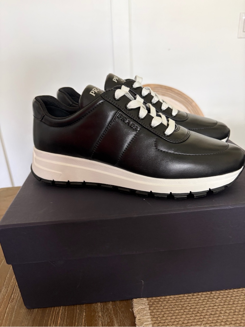 Prada Black Leather Sneakers with White Soles size 41